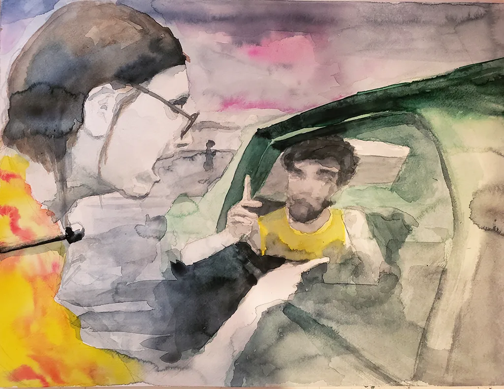 watercolour painting of a Jesus freak leans in to car window to argue with a transcendental hippie at the religious gathering Millennium '73 in USA